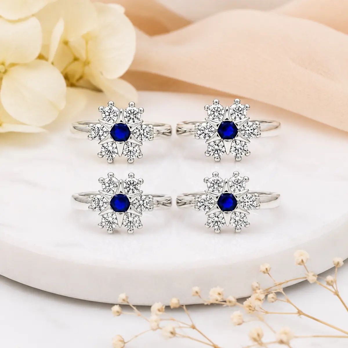 925 Sterling Silver Toe Ring Pair Of 2 Blue Stone Floral For Women